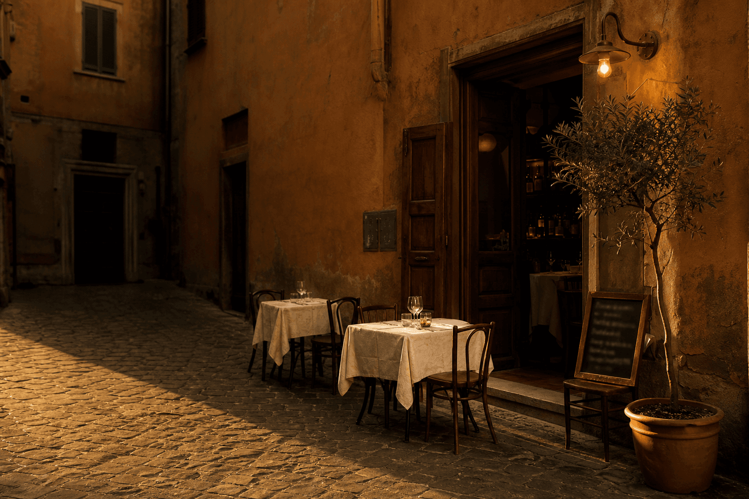 A small Italian trattoria at golden hour, with bistro tables on the cobblestones outside